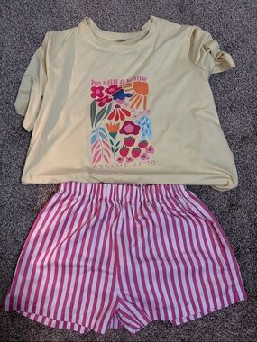 Yellow Floral Graphic Tee with Pink Stripe Shorts